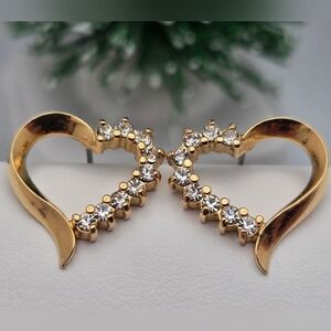 Gold Tone Heart Stud Earrings Sparkling CZ Accents Excellent Condition